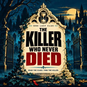 May include: A stone tombstone featuring an hourglass icon and the text ONE LAST CLUE THE KILLER WHO NEVER DIED READ THE CLUES. FIND THE KILLER. The tombstone is surrounded by ivy, with a closed book featuring a red bookmark resting at its base.