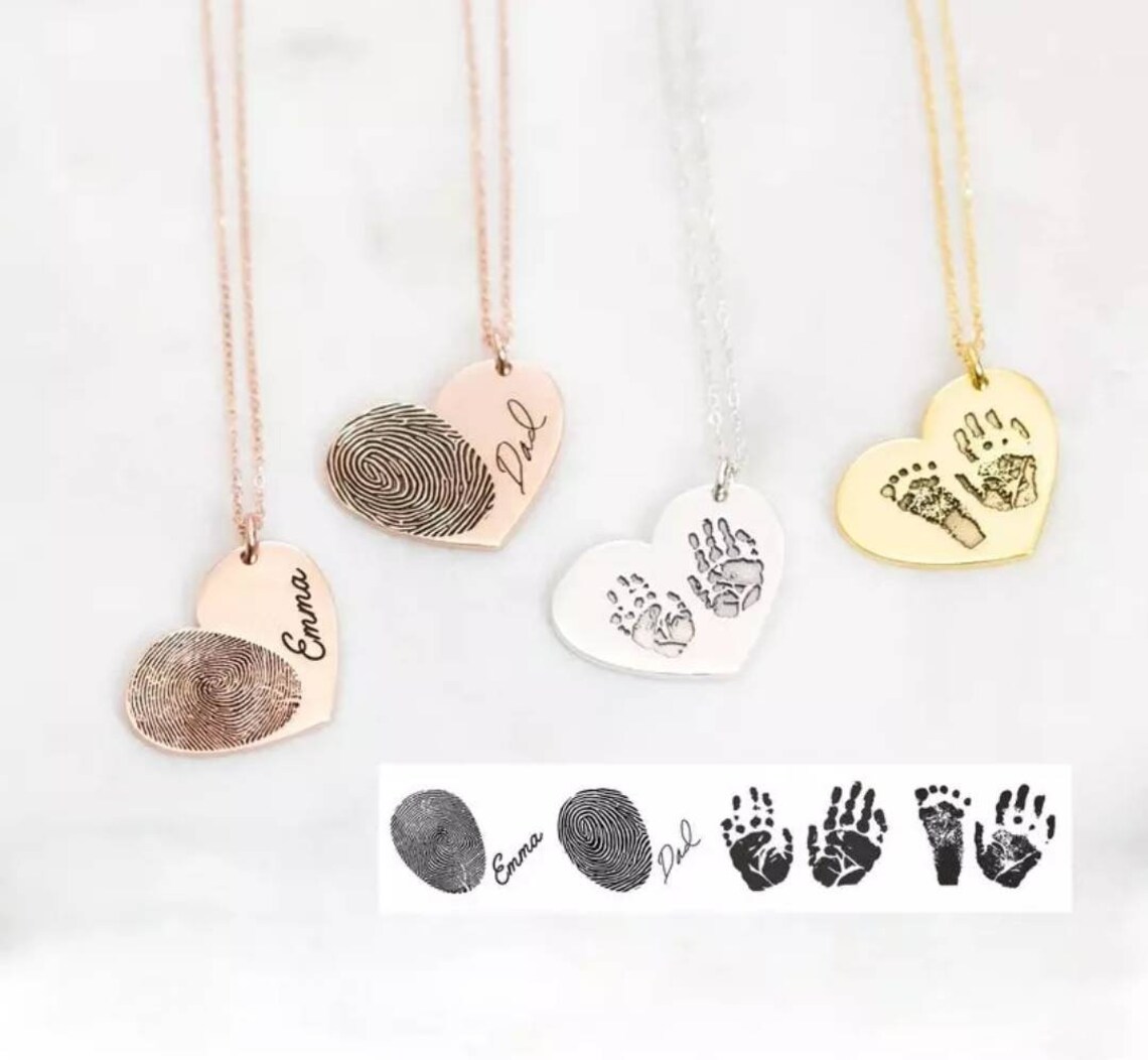 Engraved Fingerprint Necklace Baby Footprint Necklace Mom Etsy