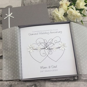 2 Sizes Two Hearts Diamond 60th Wedding Anniversary Card Gift Boxed Personalised Handmade - Mum,Dad,Brother,Sister,Nan,Grandma,Grandad