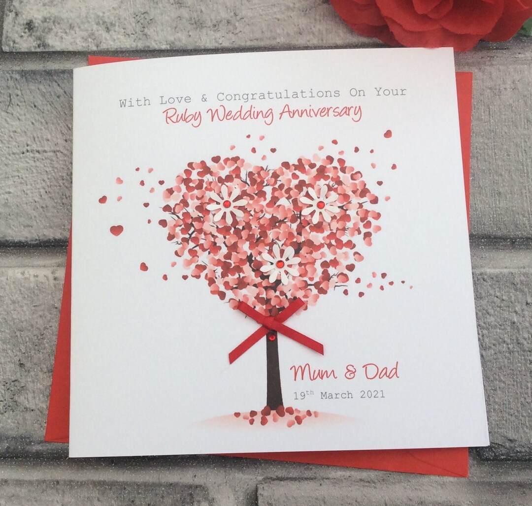 Large Card, Floral Tree Ruby 40th Wedding Anniversary Card Personalised ...