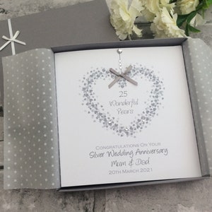 Gift Boxed, 2 Sizes, Heart of Hearts Silver 25th Wedding Anniversary Card Personalised Handmade - Mum,Dad,Brother,Sister,Nan,Grandma,Grandad