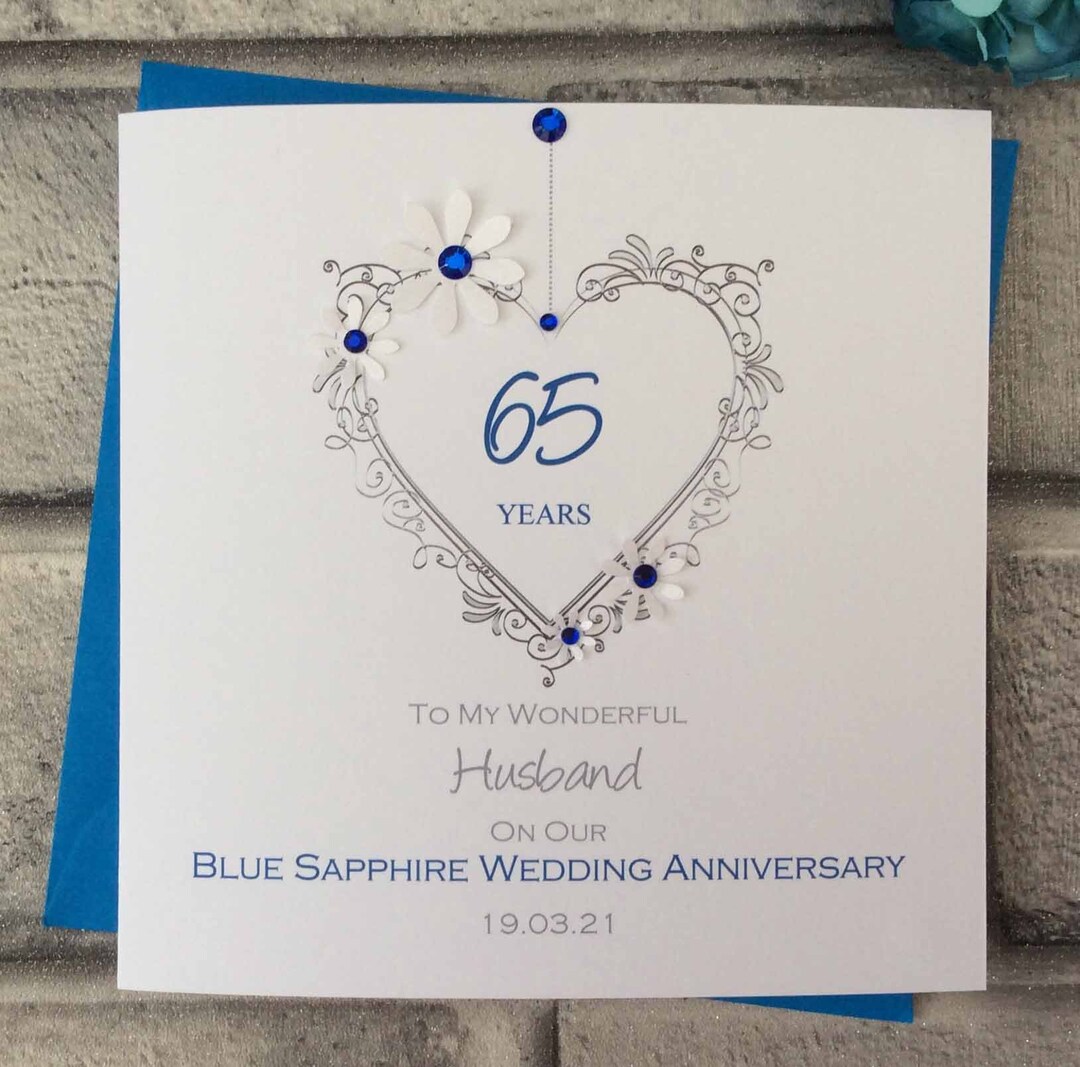 Large Card, Delicate Heart Blue Sapphire 65th Wedding Anniversary Card ...