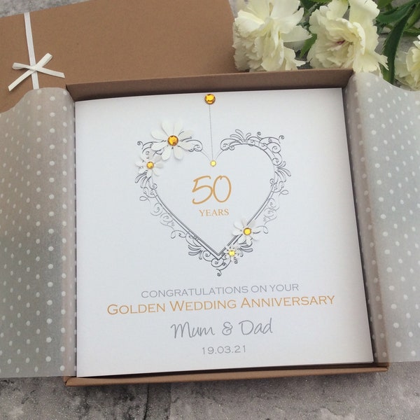 2 Sizes Delicate Heart Golden 50th Wedding Anniversary Card Gift Boxed Personalised Handmade - Mum,Dad,Brother,Sister,Nan,Grandma,Grandad