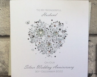 Large Card, Large Heart Silver 25th Wedding Anniversary Card Personalised Handmade - Wife/Husband