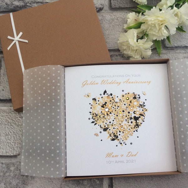 2 Sizes Large Heart Golden 50th Wedding Anniversary Card Gift Boxed Personalised Handmade - Mum, Dad, Brother, Sister, Nan, Grandma, Grandad