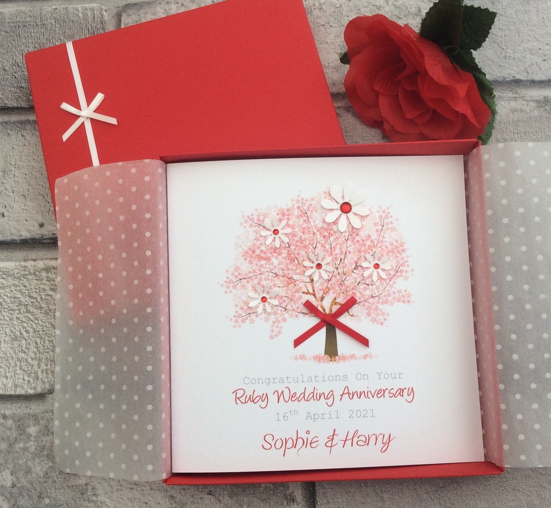 2 Sizes Anniversary Tree Ruby 40th Wedding Anniversary Card Gift Boxed ...