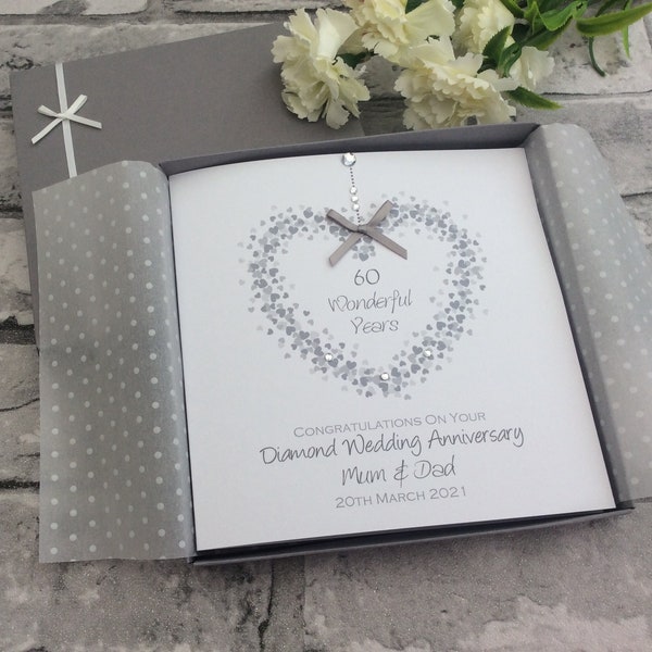 2 Sizes Heart of Hearts Diamond 60th Wedding Anniversary Card Gift Boxed Personalised Handmade - Mum,Dad,Brother,Sister,Nan,Grandma,Grandad