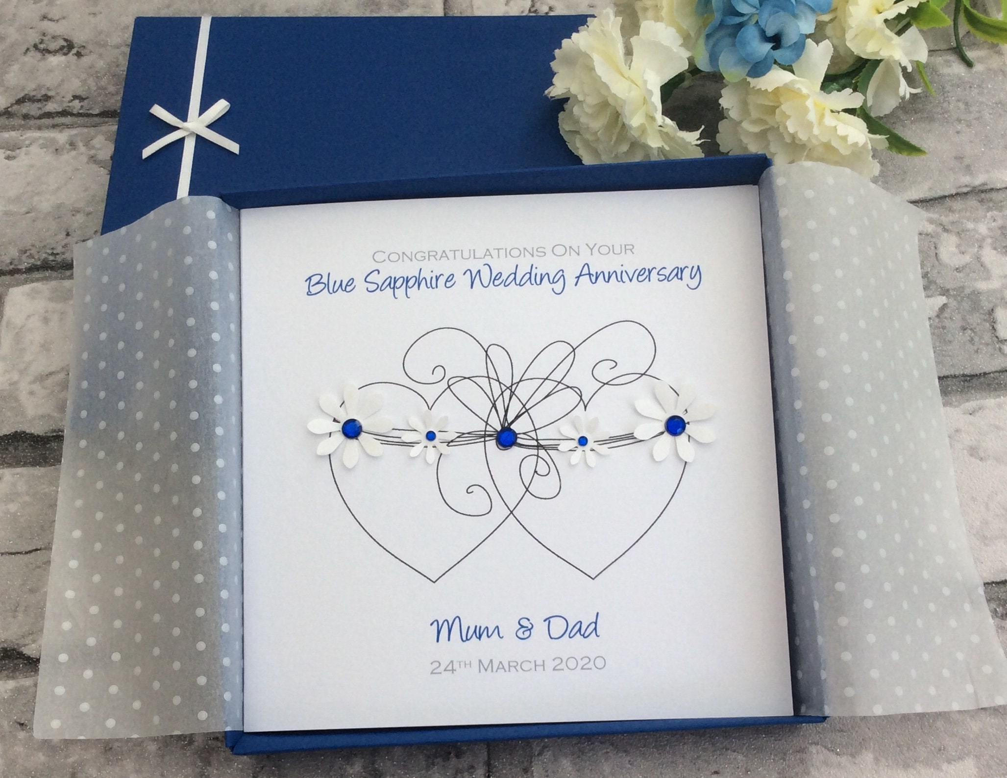 2 Sizes Two Hearts Blue Sapphire 65th Wedding Anniversary Card Etsy