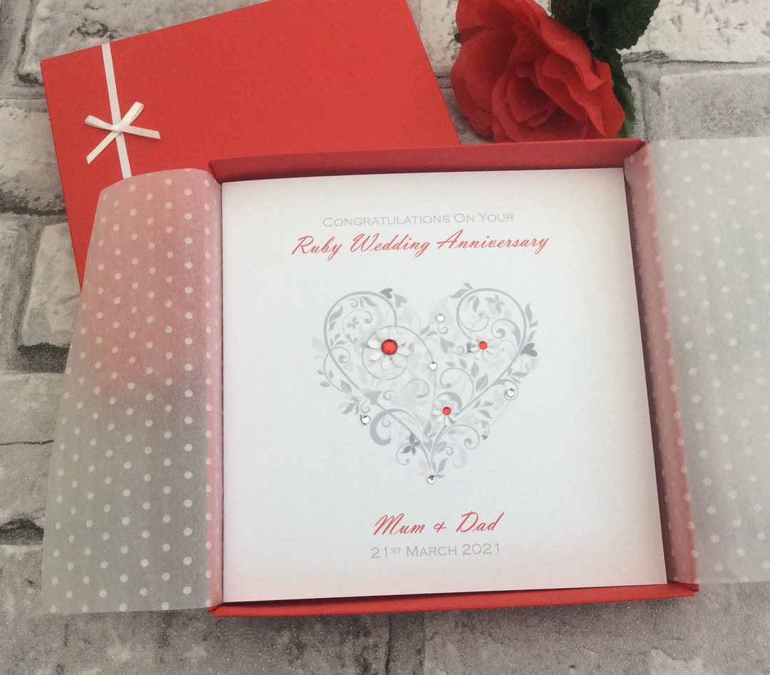 2 Sizes Silver Heart Ruby 40th Wedding Anniversary Card Gift Boxed ...