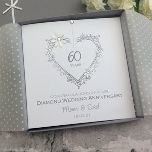 2 Sizes Delicate Heart Diamond 60th Wedding Anniversary Card Gift Boxed Personalised Handmade - Mum,Dad,Brother,Sister,Nan,Grandma,Grandad