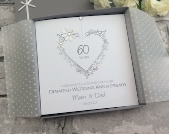 Gift Boxed, 2 Sizes, Delicate Heart Diamond 60th Wedding Anniversary Card Personalised Handmade - Mum,Dad,Brother,Sister,Nan,Grandma,Grandad