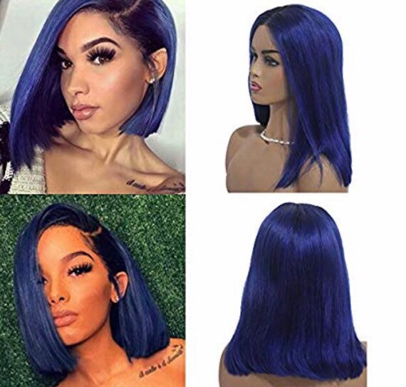 Ombre Blunt Cut Wig 1b Blue Brazilian Human Hair Lace Front Etsy