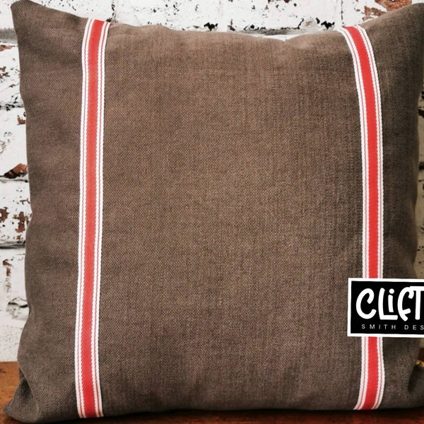 Striped Cushion COVER, Industrial style, Grey cushion, red and white stripes, velvet buttons. French style cushion, ticking, Farmhouse(1812)