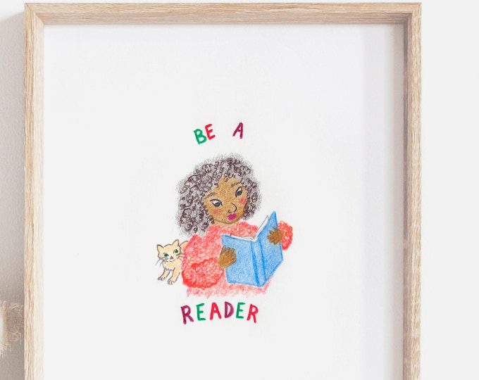 Be a Reader Art Print: Girl Reading with Cat (Digital Download)