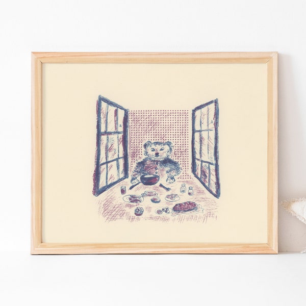 Bear Lunch Risograph / Vintage Nursery, Kids Wall Art, Food Print, Kids Room, Woodland Nursery, Riso Print, Bear Print, Baby Bear, Bear Riso