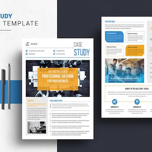 May include: A case study template design with a blue and yellow color scheme. The template includes sections for the case study title, solution name, challenges faced, case study results, and a benefit of the case study. The template is designed for a professional business.