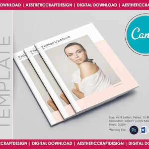 Könnte beinhalten: Ein Mockup einer Mode-Lookbook-Vorlage mit einem rosa-weißen Farbschema. Die Vorlage ist für die Verwendung mit Canva konzipiert und umfasst 16 Seiten, eine Auflösung von 300 DPI und einen Beschnitt von 0,25 Zoll. Die Arbeitsdateien sind in Photoshop und Word.