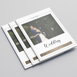 May include: Three white brochures stacked on top of each other. The top brochure has a photo of a couple in a forest, a woodgrain background, and the text "Wedding" in cursive. The text "Your Studio" is in the top right corner.