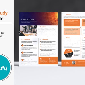 May include: A two-page case study template with an orange and blue color scheme. The template includes sections for challenges, problems, solutions, results, and future plans. The template is designed for use in Microsoft Word and Adobe Photoshop.