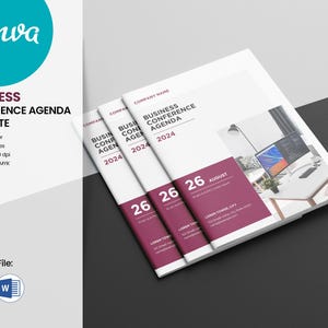 May include: A business conference agenda template with a pink and white color scheme. The template features the text "Business Conference Agenda 2024" and "26 August".