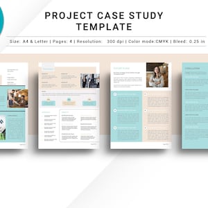 May include: A four-page case study template with a light blue and beige color scheme. The template includes sections for project overview, objectives, challenges, solutions, future plans, conclusion, and get in touch. The template is designed for businesses to showcase their projects and achievements.