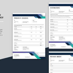 Puede incluir: Una plantilla de factura en blanco y negro con acentos azules y verdes. La plantilla incluye secciones para la información del proyecto, los detalles de la factura y un resumen del diseño. El texto "Project Invoice" está en la parte superior de la página.