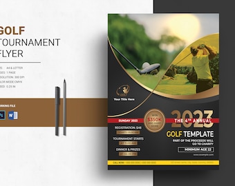 May include: A black and gold flyer for a golf tournament. The flyer features a golfer swinging a club, a golf ball in flight, and the text "2023 The 4th Annual Golf Template".