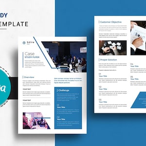 May include: A blue and white case study flyer template with the text "CASE STUDY FLYER TEMPLATE". The flyer includes sections for an overview, challenge, and customer objective. The Canva logo is visible.