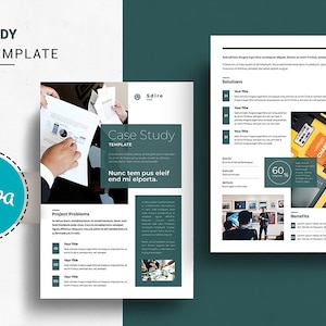 May include: A case study flyer template with a green and white color scheme. The flyer includes a title, "Case Study Template", and the text "Nunc tem pus eleif end mi elporta." The flyer also includes sections for project problems, solutions, and benefits.