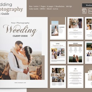 Könnte beinhalten: Ein Kundenleitfaden für Hochzeitsfotografie mit einem Titelbild eines sich umarmenden Paares. Der Leitfaden enthält Abschnitte über Verlobungsshootings, Hochzeits-Preislisten, Drucke und Produkte sowie FAQ.