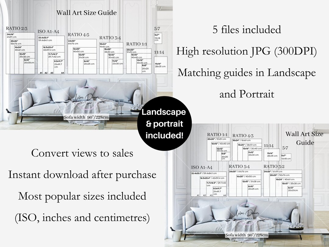 Living Room Wall Art Size Guide | Horizontal Frame Size Mockup | Ratio ...