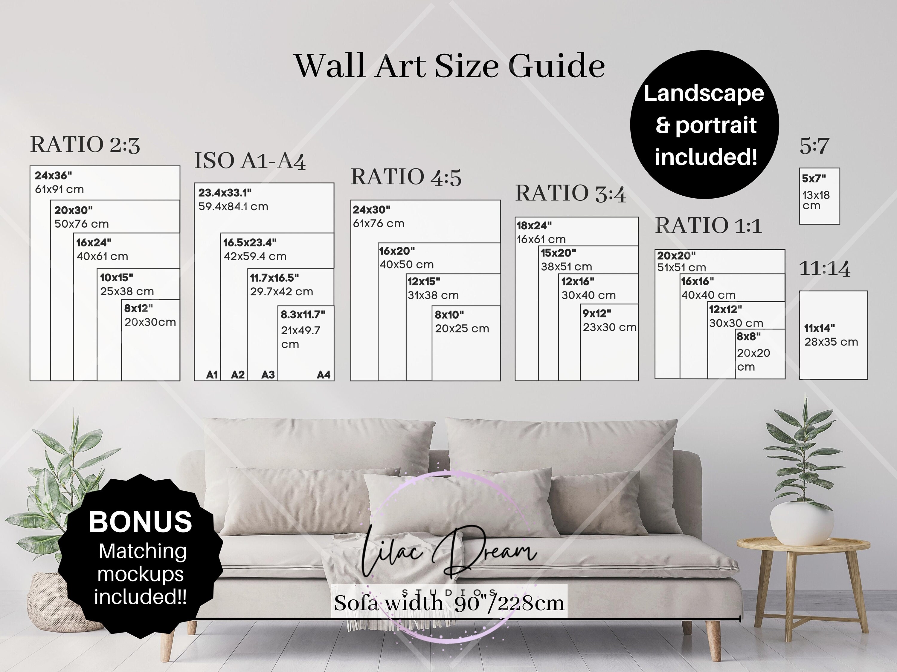 Living Room Wall Art Size Guide Horizontal Frame Size Mockup Ratio A1