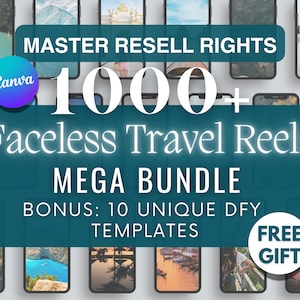 1000 Faceless Travel Videos, Vacation Reels, MRR, Faceless Reels, Master Resell Rights, Plr, PLR Templates, Reels Bundle, Canva Guide, DFY