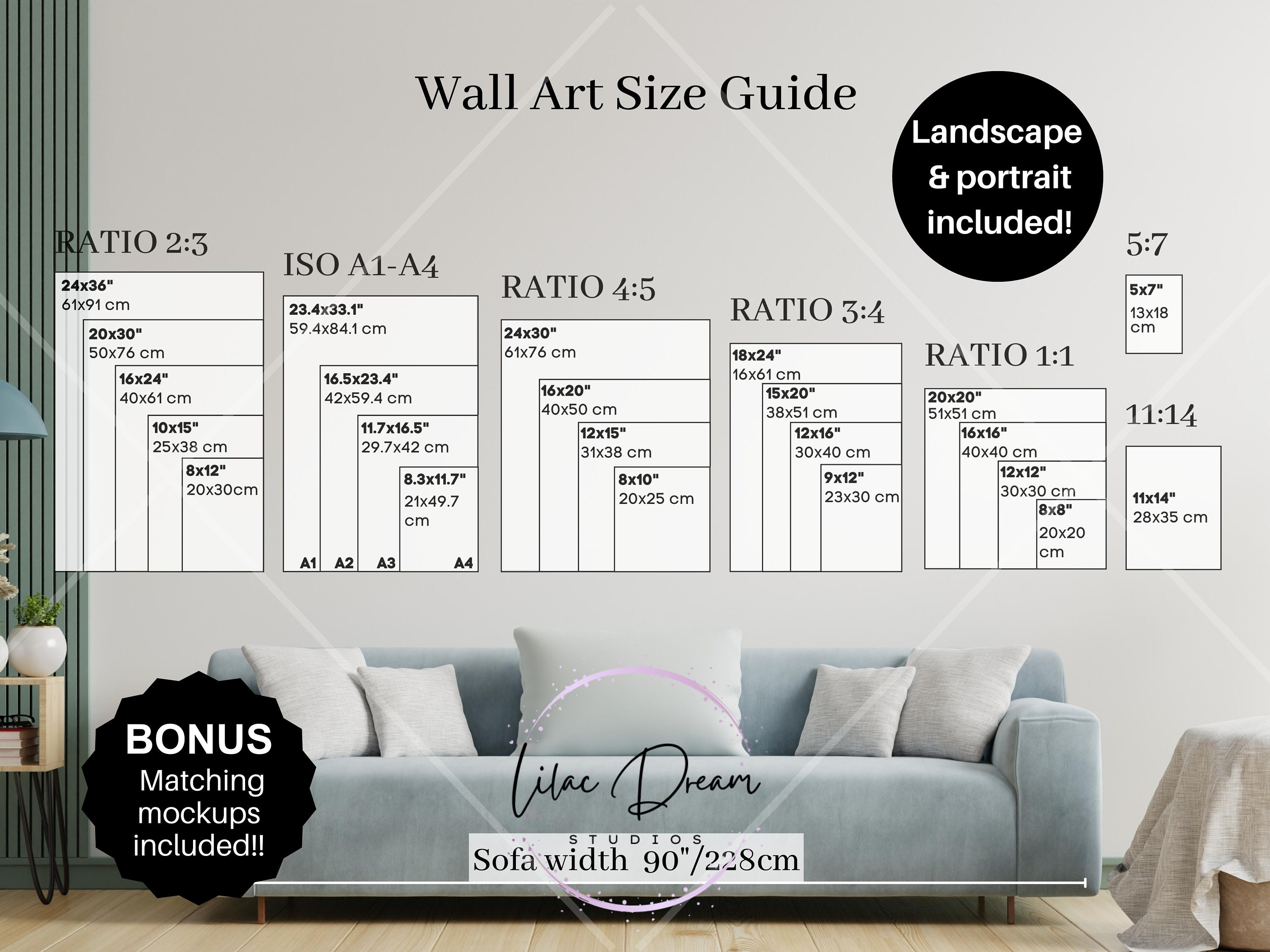 Living Room Wall Art Size Guide | Horizontal Frame Size Mockup
