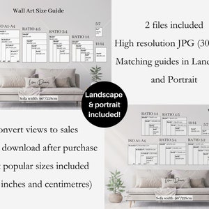 Living Room Art Size Chart | Wall Art Size Guide for Digital Prints | Horizontal Frame Size Mockup | Ratio A1 to A4, 2x3, 3x4, 4x5, 11x14