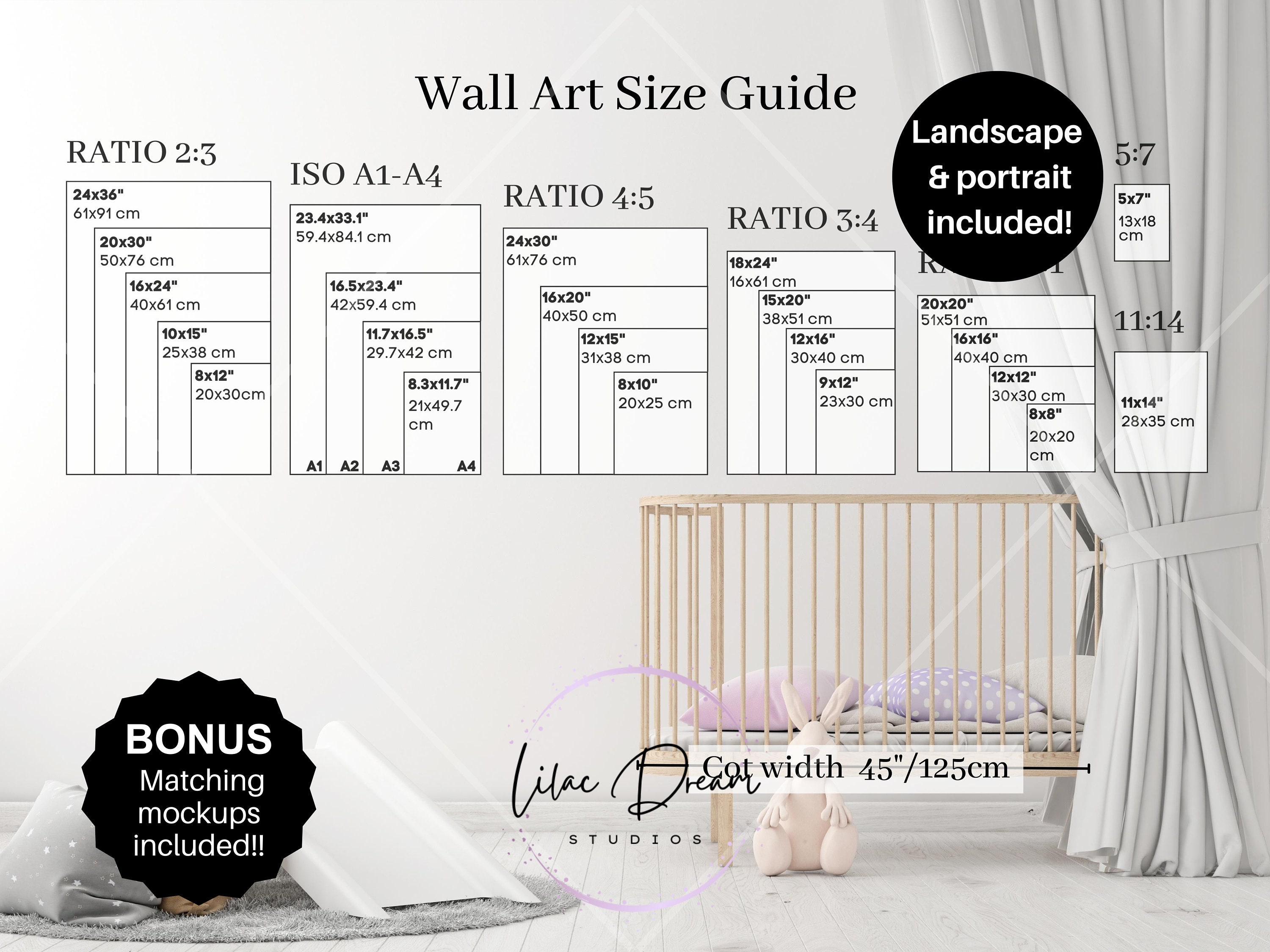 Nursery Wall Art Size Guide Horizontal Frame Size Mockup Etsy