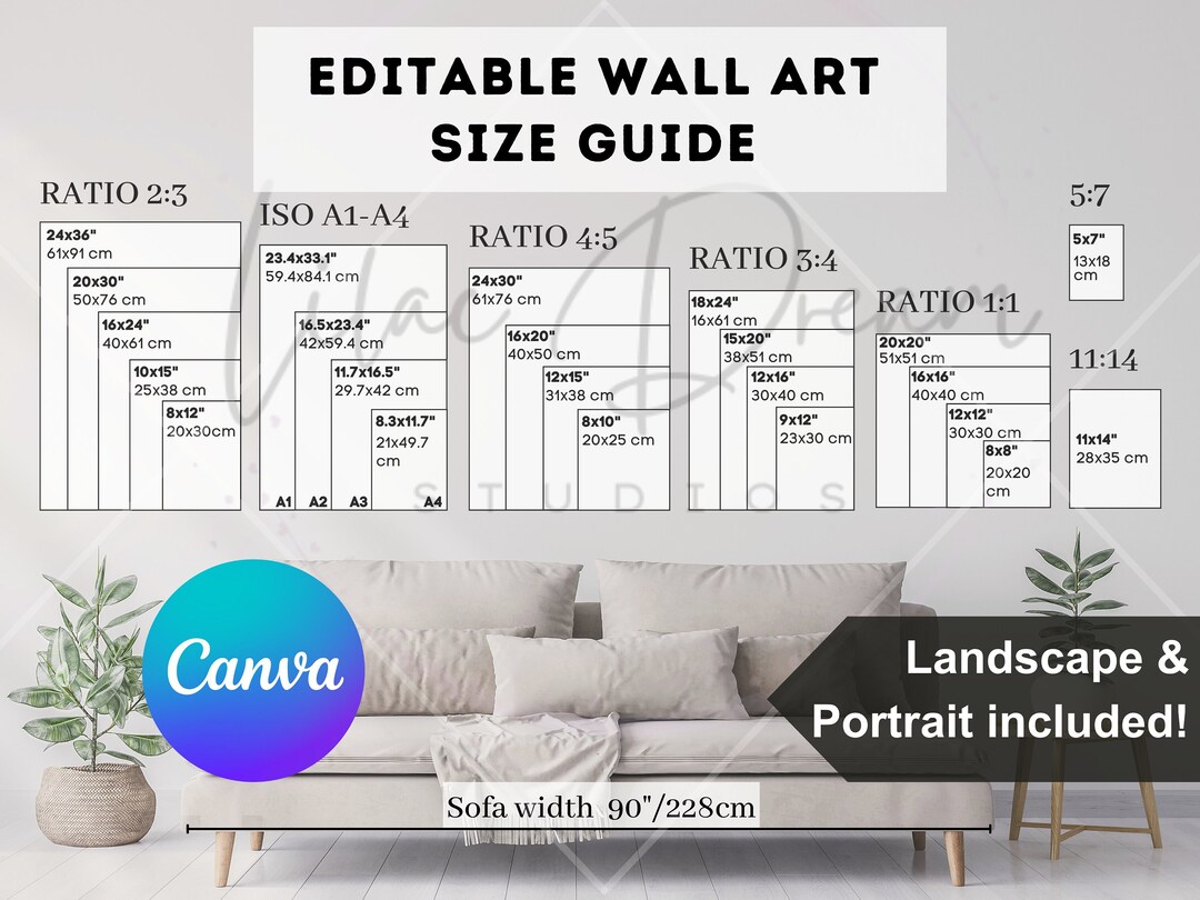 Editable Wall Art Size Guide Horizontal Art Size Mockup Ratio A1 to A4