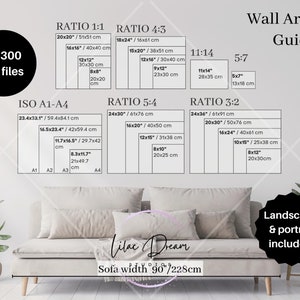 Living Room Wall Art Size Guide | Horizontal Frame Size Mockup | Ratio A1 to A4, 2x3, 3x4, 4x5, 11x14 | Poster Size Chart for Digital Prints