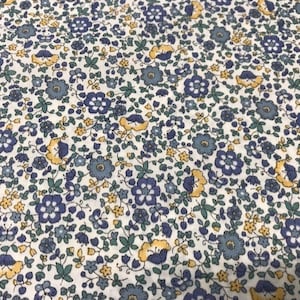Tessuto in cotone, tessuto batista fiori blu e gialli, tessuti per bambini, tessuti artigianali, tessuti per metro, 1 metro x 150 cm