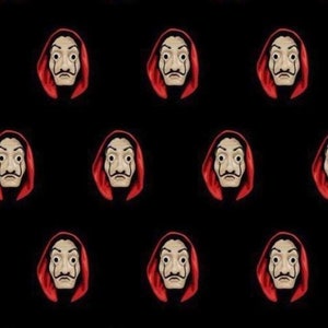 May include: Black fabric featuring a repeating pattern of a mask with a red hood. The mask has a white face with a mustache and a neutral expression. The text "DIBUJO 101" is in the upper left corner.