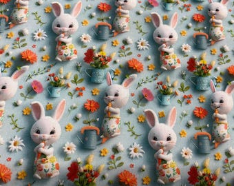 3D RABBITS AND WATERING CANS fabric, children&#39;s fabrics, 100% cotton fabrics, needlework and crafts fabrics, fabrics by the meter, 1 meter x 140 cm