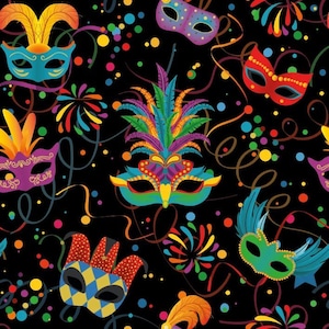 Könnte beinhalten: Ein nahtloses Muster mit bunten Masken mit Federn und Konfetti auf schwarzem Hintergrund. Die Masken sind in verschiedenen Stilen, darunter traditionelle venezianische Masken, Narrenmasken und Augenmasken. Das Muster ist perfekt, um jedem Projekt eine festliche Note zu verleihen.