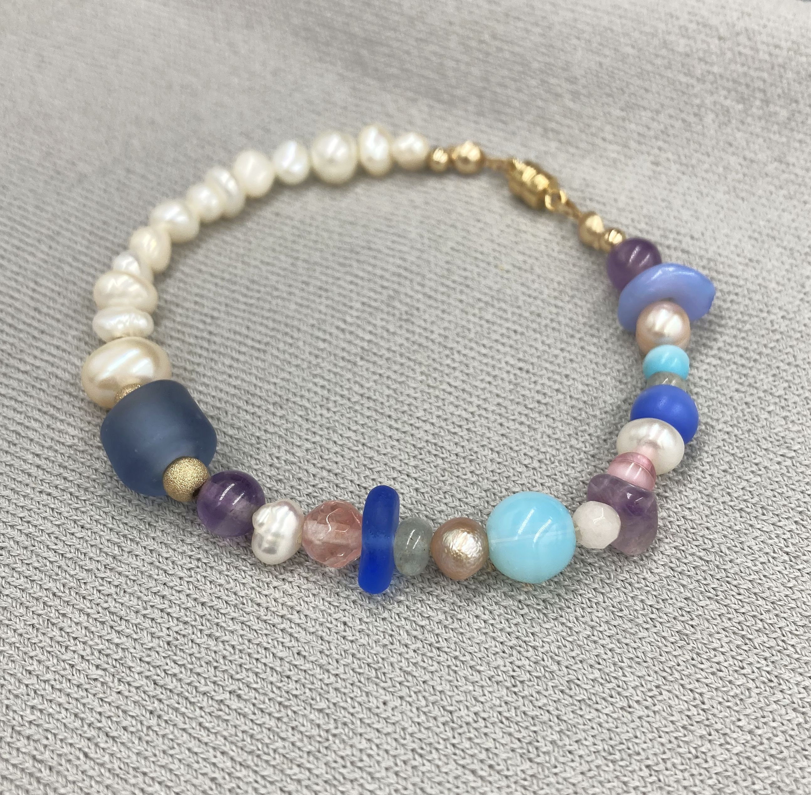 Half Pearl Gemstone Bracelet Mixed Gemstone Sea Bead Pearl - Etsy UK