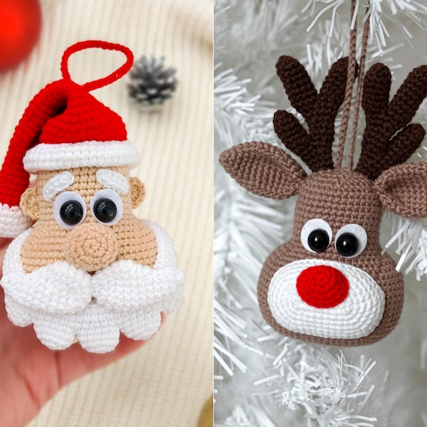 Patron au crochet Décorations de Noël jouet d'arbre Père Noël et Rudolf, Patron au crochet facile Ornement de Noël, Patron au crochet PDF Amigurumi