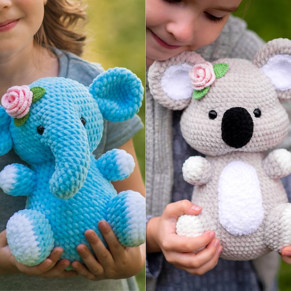 SET 2 in 1 Crochet patterns Elephant and Koala, Easy crochet pattern toys, Amigurumi PDF crochet pattern, Amigurumi pattern safari animals