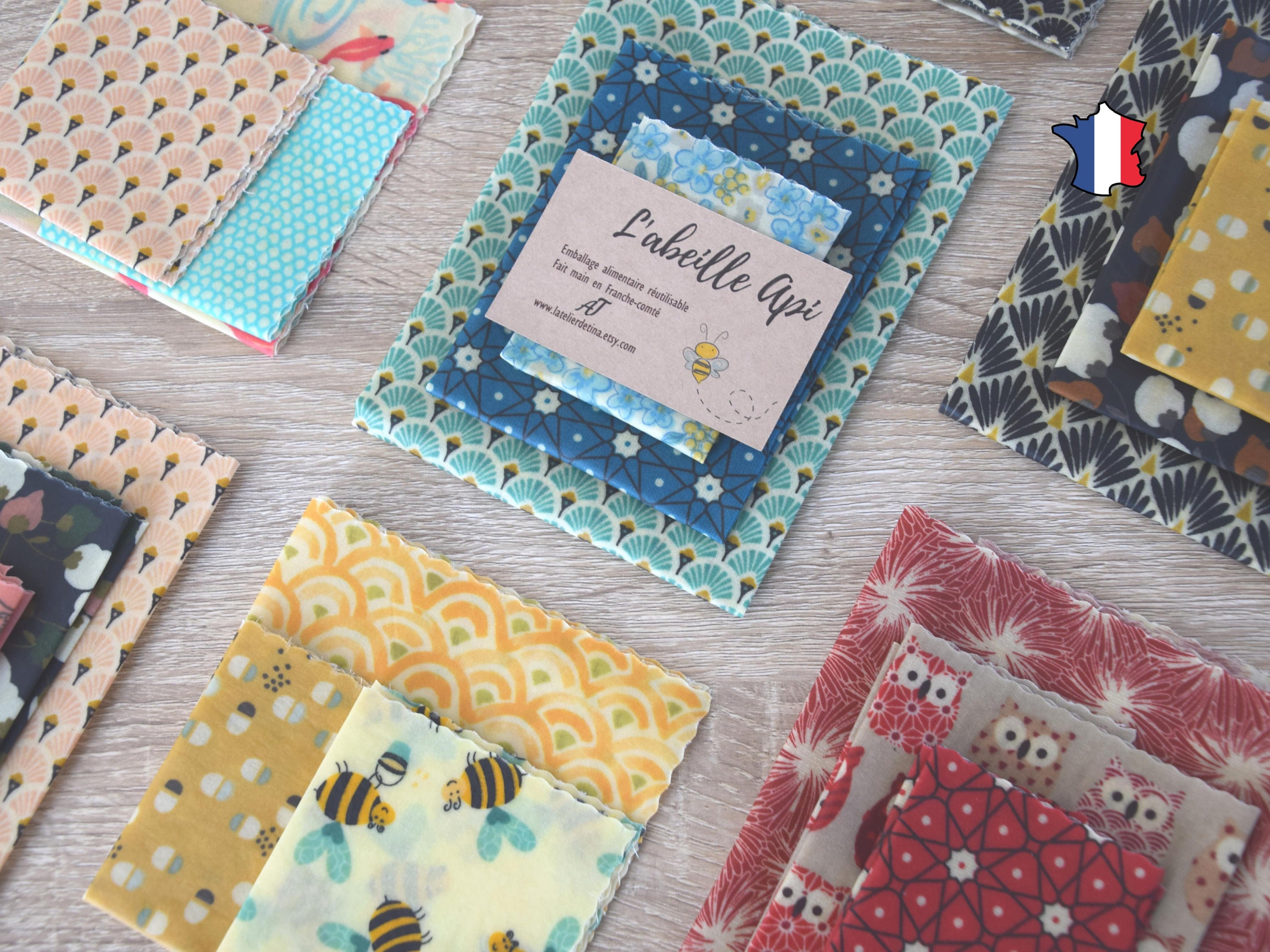 Lot de 3 Bee Wrap - Emballages Alimentaire Réutilisables Cire d'abeille L'abeille Api