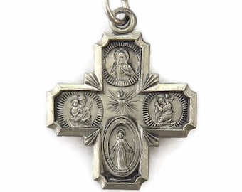Sterling Silver 0.925 Four 4 - Way Medal Cross Crucifix I am a Catholic Please Call a Priest Charm Necklace Pendant