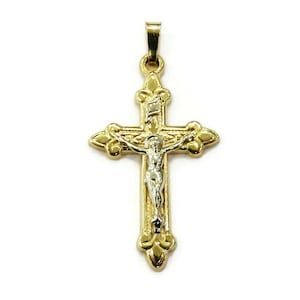 14K Yellow & White Two tone Gold Cross Crucifix Charm Necklace Pendant ~ 1.0