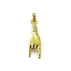 10K Yellow Gold Italian Good Luck Mano Cornuto Hand Charm Pendant Necklace ~ 0.6