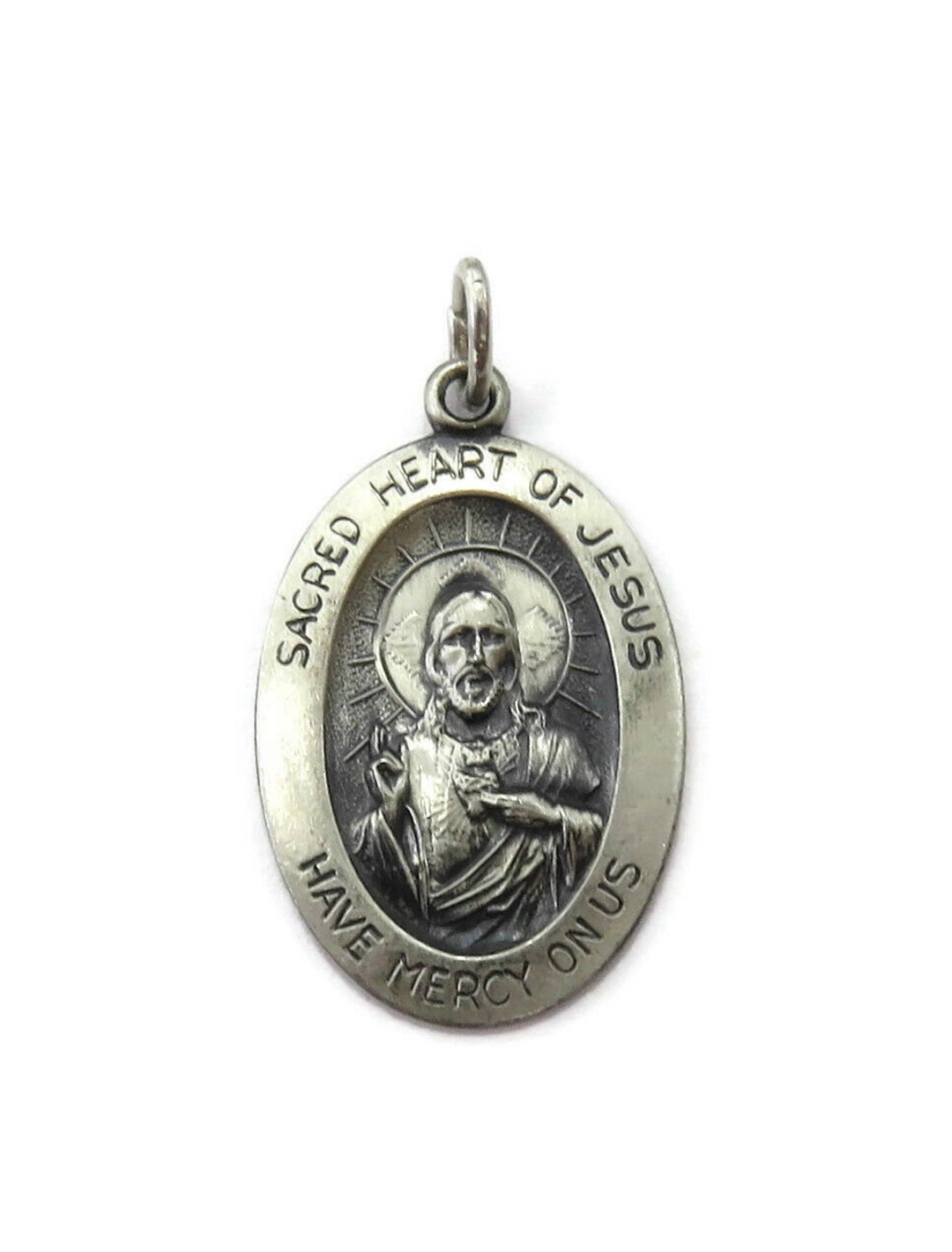 Sterling Silver 0.925 Oval Sacred Heart of Jesus Medal Necklace Pendant ...